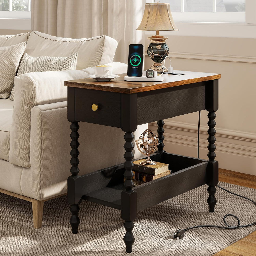 YOSHOOT Farmhouse End Table with Charging Station, Narrow Side Table