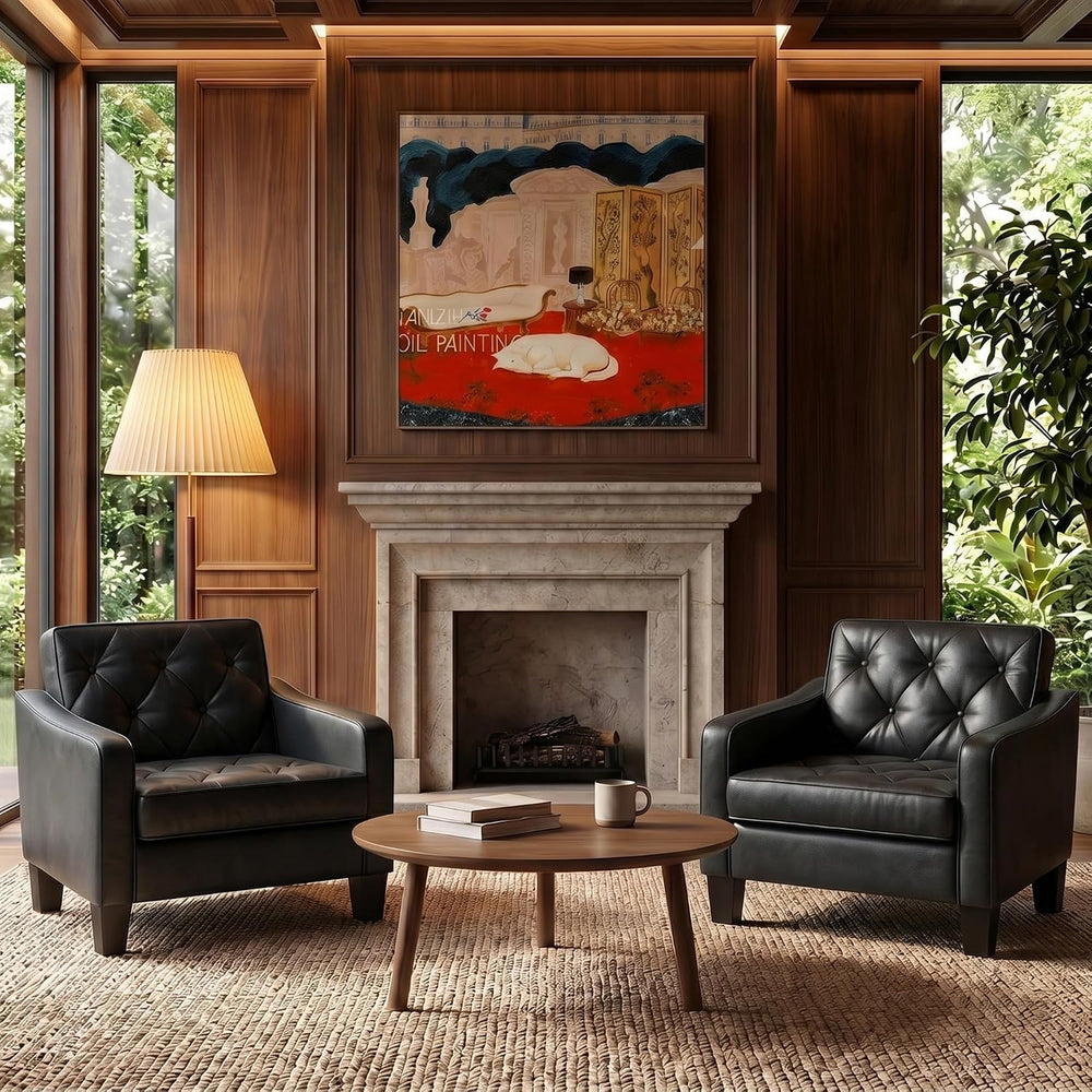 Black Tufted Leather Accent Chairs Set 2, Wide Armchairs Living Room Office