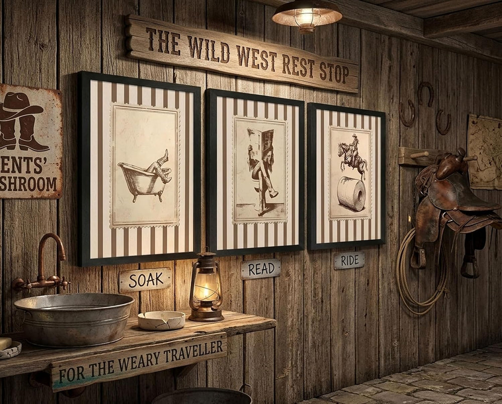 WWSGSG 3Pcs Funny Cowgirl Bathroom Canvas Wall Art Black Wood Framed12x16in