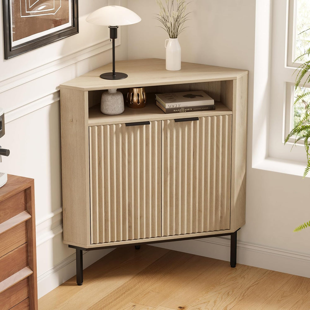 Fluted Corner Cabinet with Storage, Modern Floor Cabinets with Adjustable She...