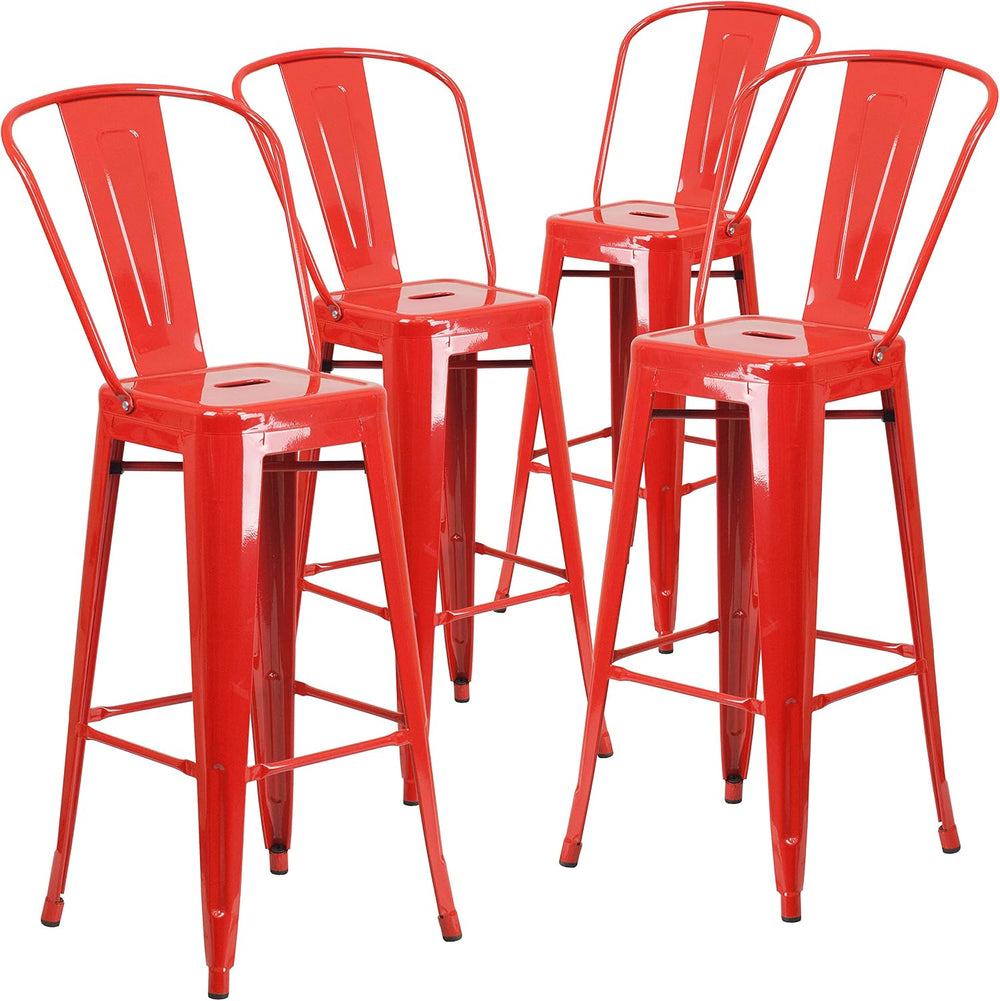 EMMA + OLIVER 30" Red Metal Indoor/Outdoor Barstool with Back, 4-Pack