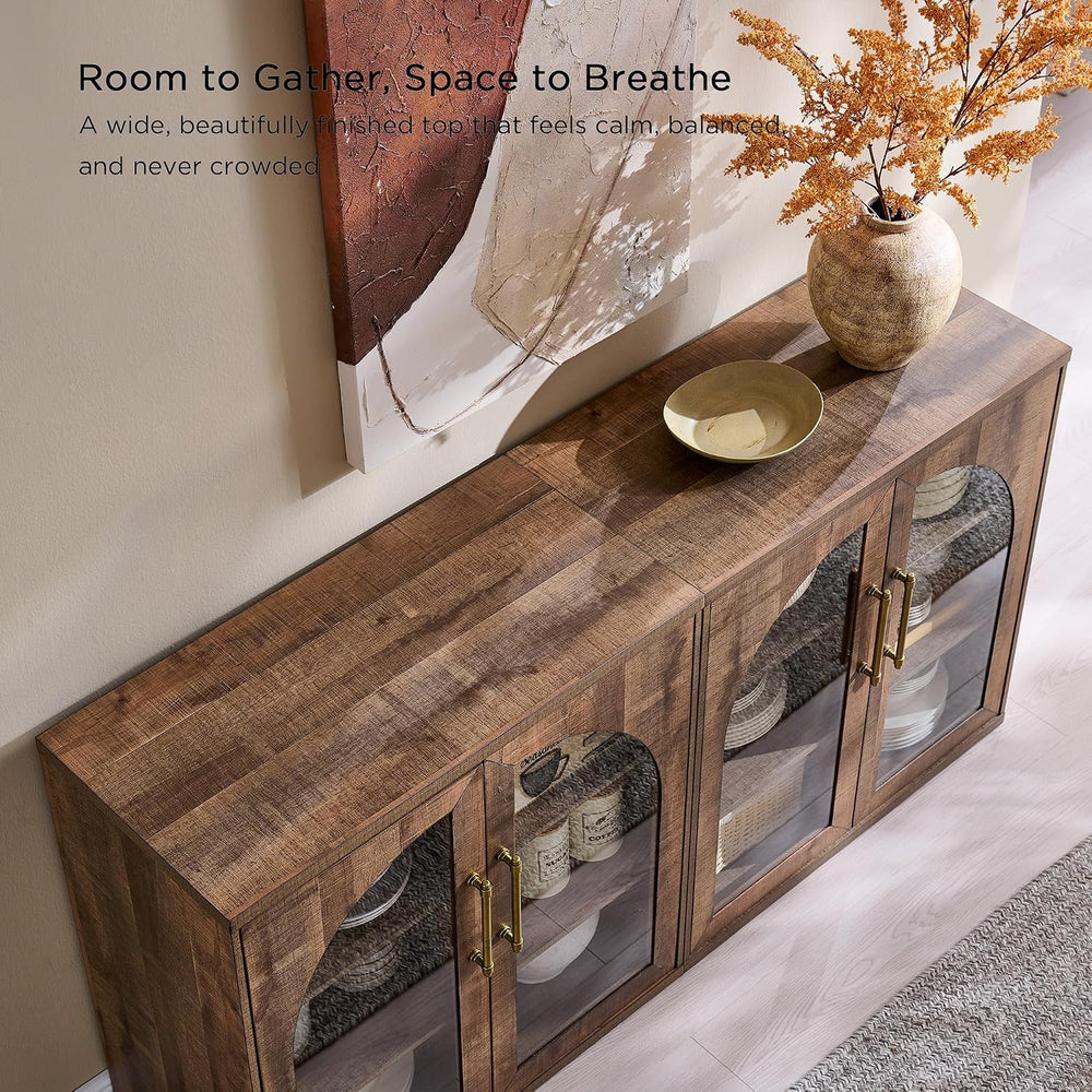 ACCOHOHO Glass Arched Door Sideboard Buffet Cabinet Set of 2, Rustic Oak