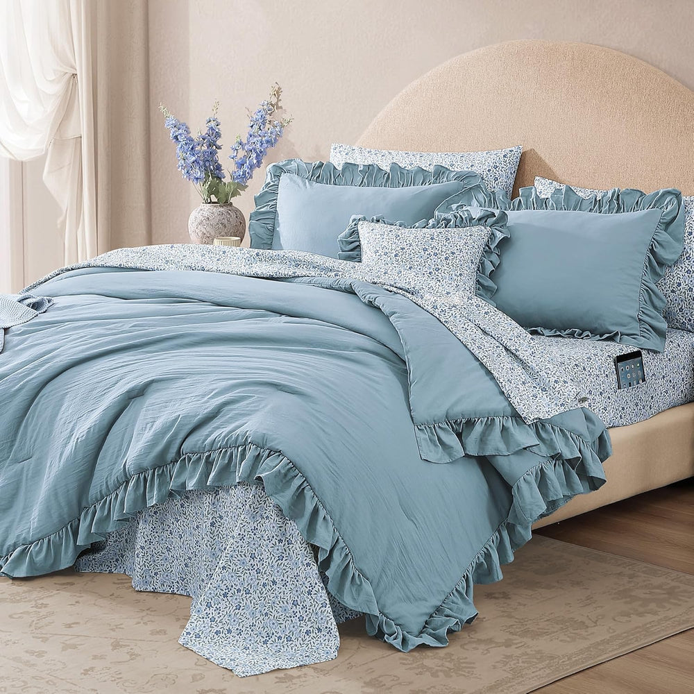 BLOOMHAVEN Queen Comforter Set-7 Pieces Ruffle Bedding with Floral Sheet