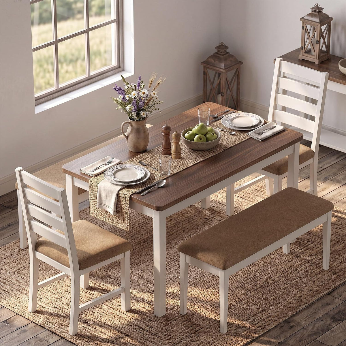 ROCSUMOO 5-Piece Dining Table and Chair Set with 2 Chairs & 2 Benches,Brown