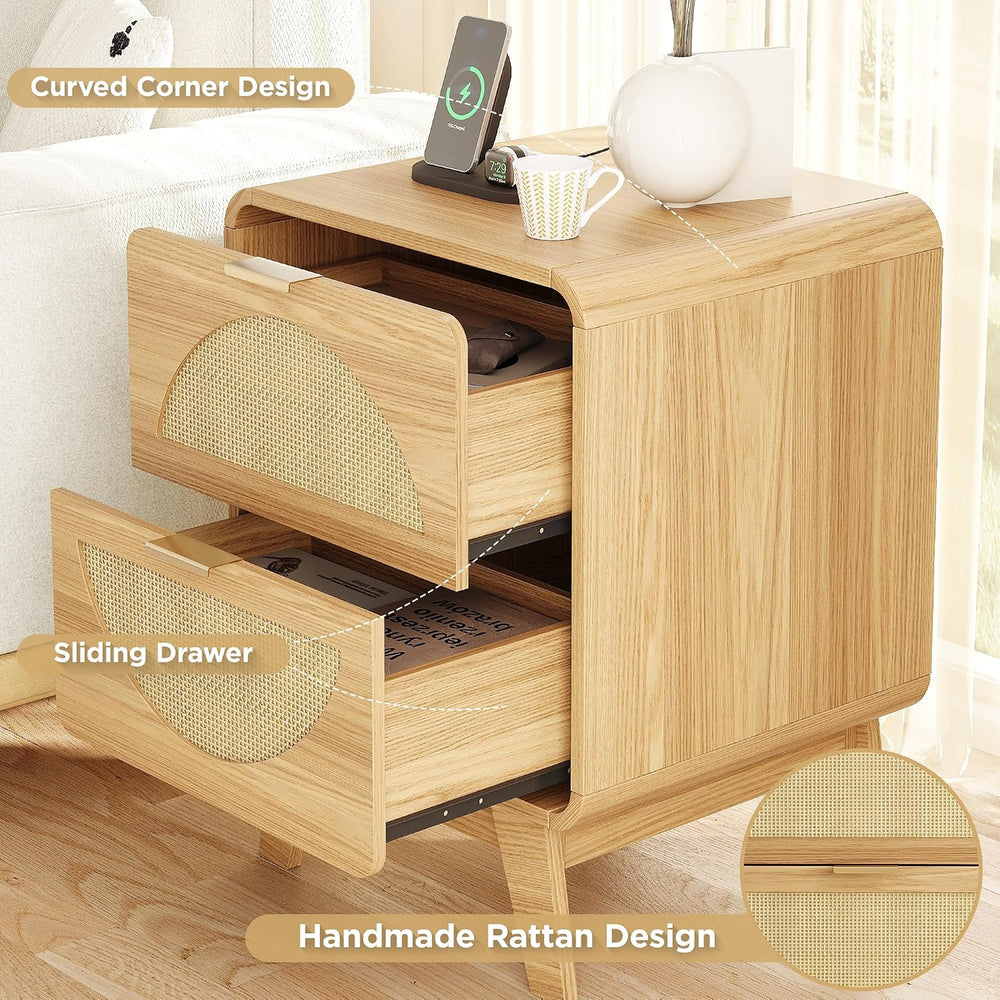 Maupvit Rattan Nightstand with Charging Station, Boho Beside Table with 2 Dra...