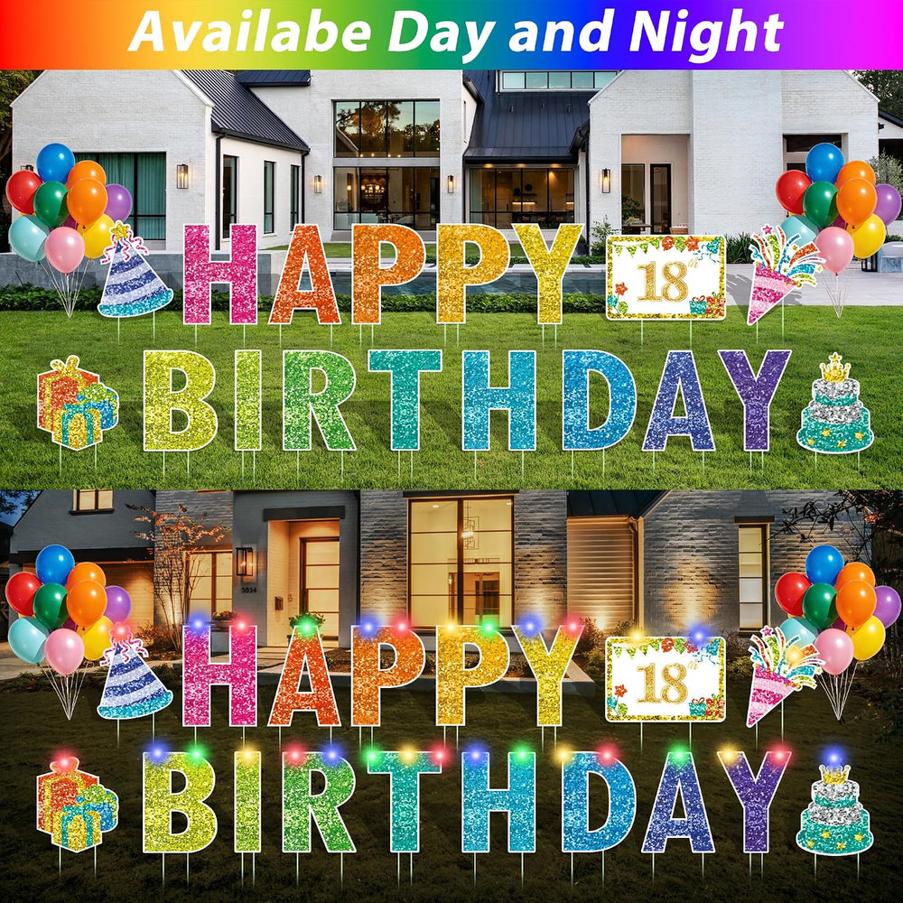 18 Pcs Happy Birthday Yard Sign with 49.2 ft Led Light, Large Rainbow Happy B...