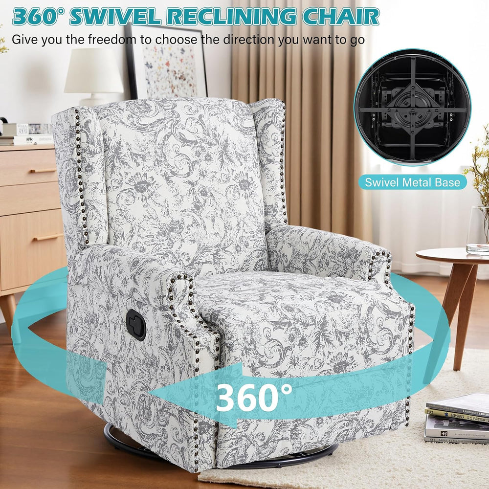 Swivel Rocker Recliner Chair, Rococo Wingback Armchair, Light Gray