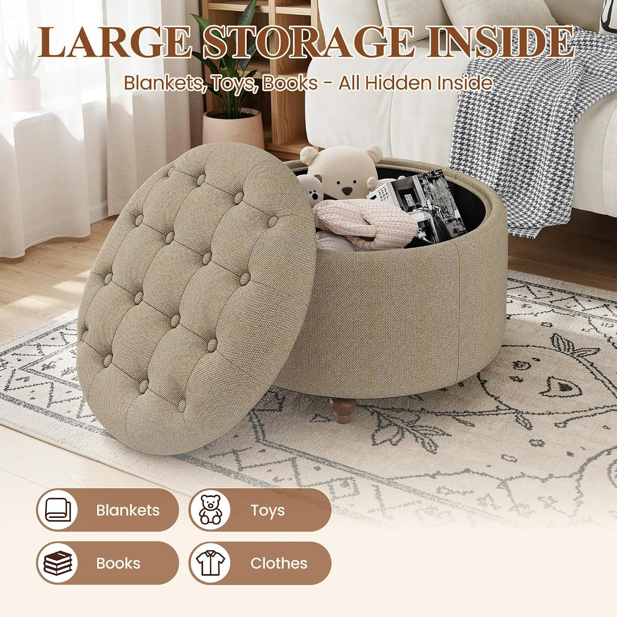 25" Round Ottoman with Storage, Small Coffee Table with Reversible Tray Lid