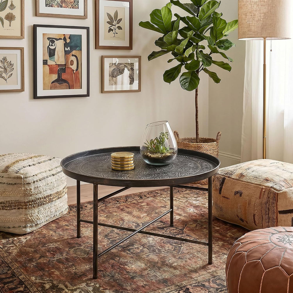 HOMCOM 24" Hammered Round Coffee Table Vintage Metal Side Table Pewter