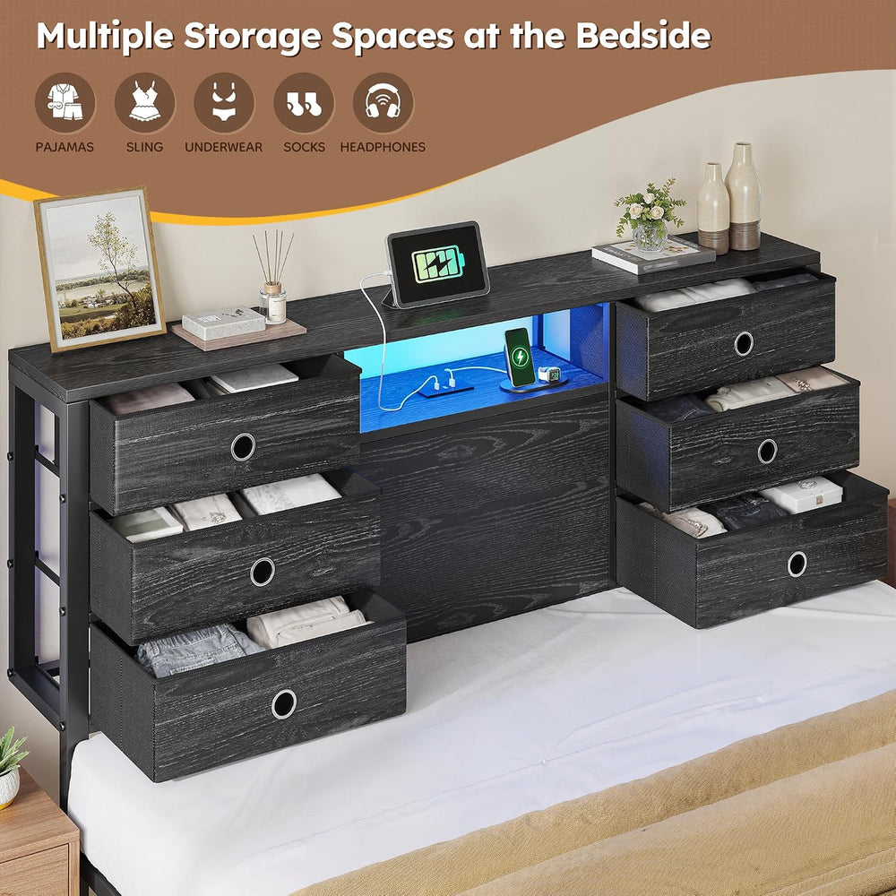 Homkdom Queen Size Bed Frame with 8 Drawers and Charging Station,Black