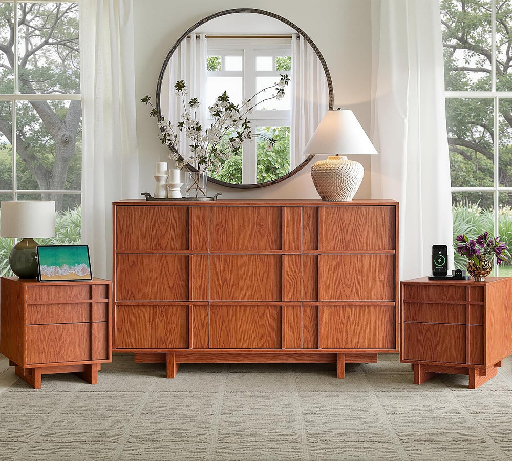 9 Drawer Dresser and Nightstand Set 3 Piece, Mid Century Modern Dresser and N...