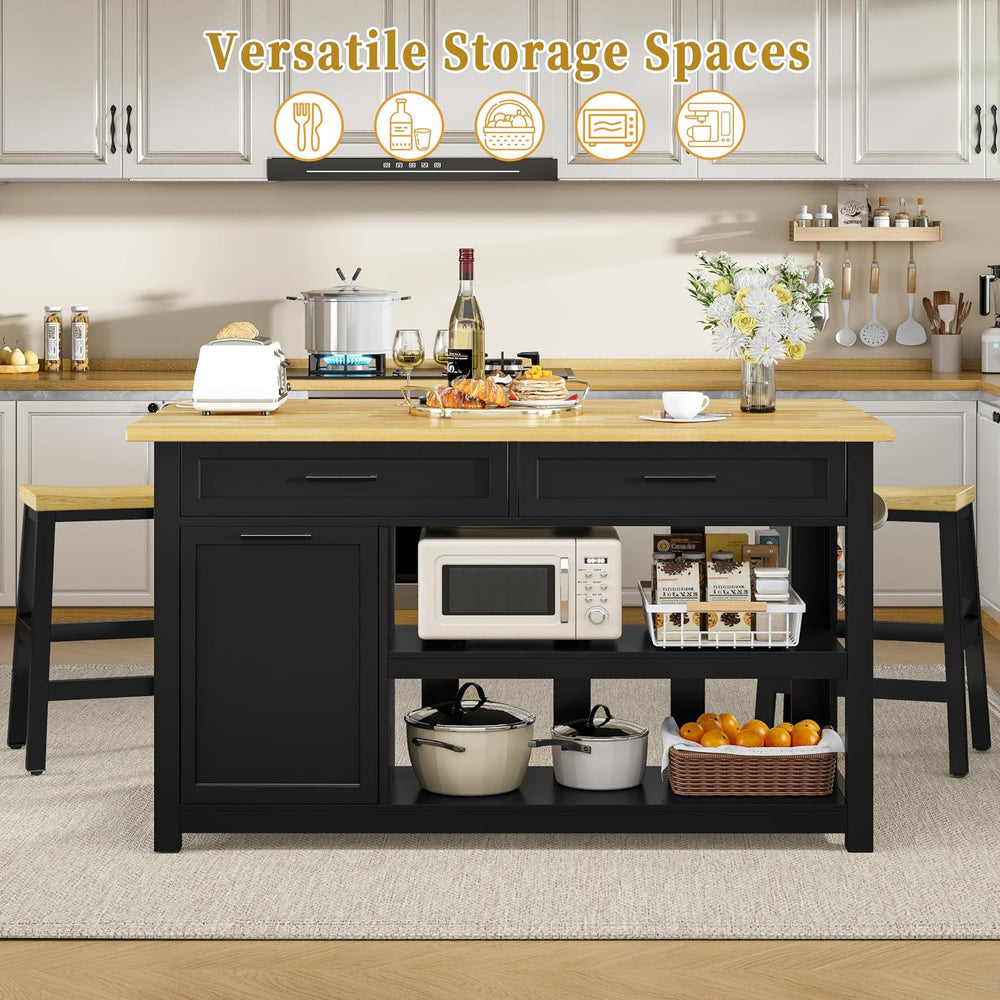 DynJest 47" Solid Rubberwood Top Kitchen Island with Storage, 2 Bar Stools