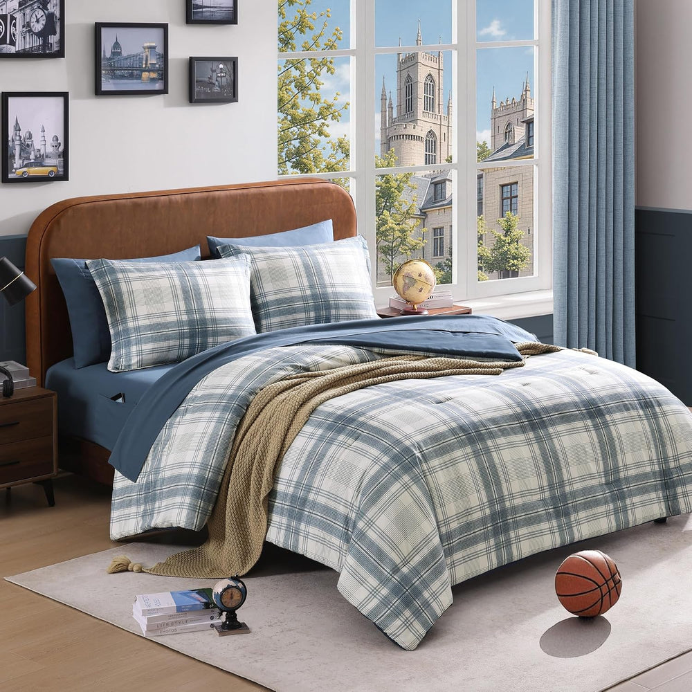 Plaid Queen Comforter Set Blue Grey 7 Pieces Farmhouse Bed in a Bag