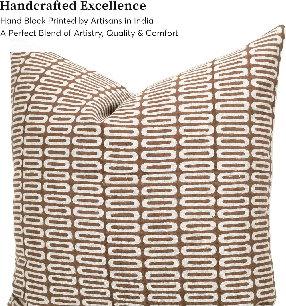 Hand Block Print, Artisan-Made Neutral Accent Throw Pillow Covers- Pure Cotto...
