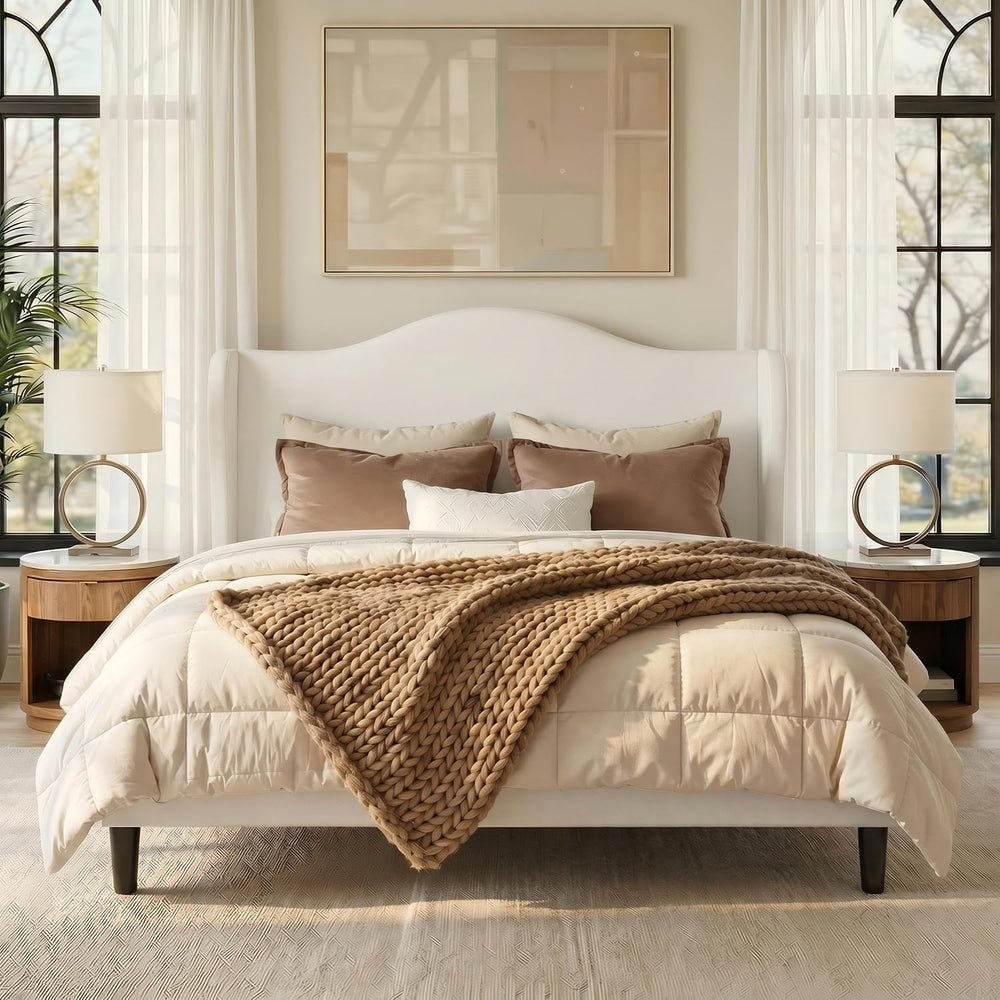 Allewie Queen Size Bed Frame, Plush Velvet Wingback, Modern Style, White