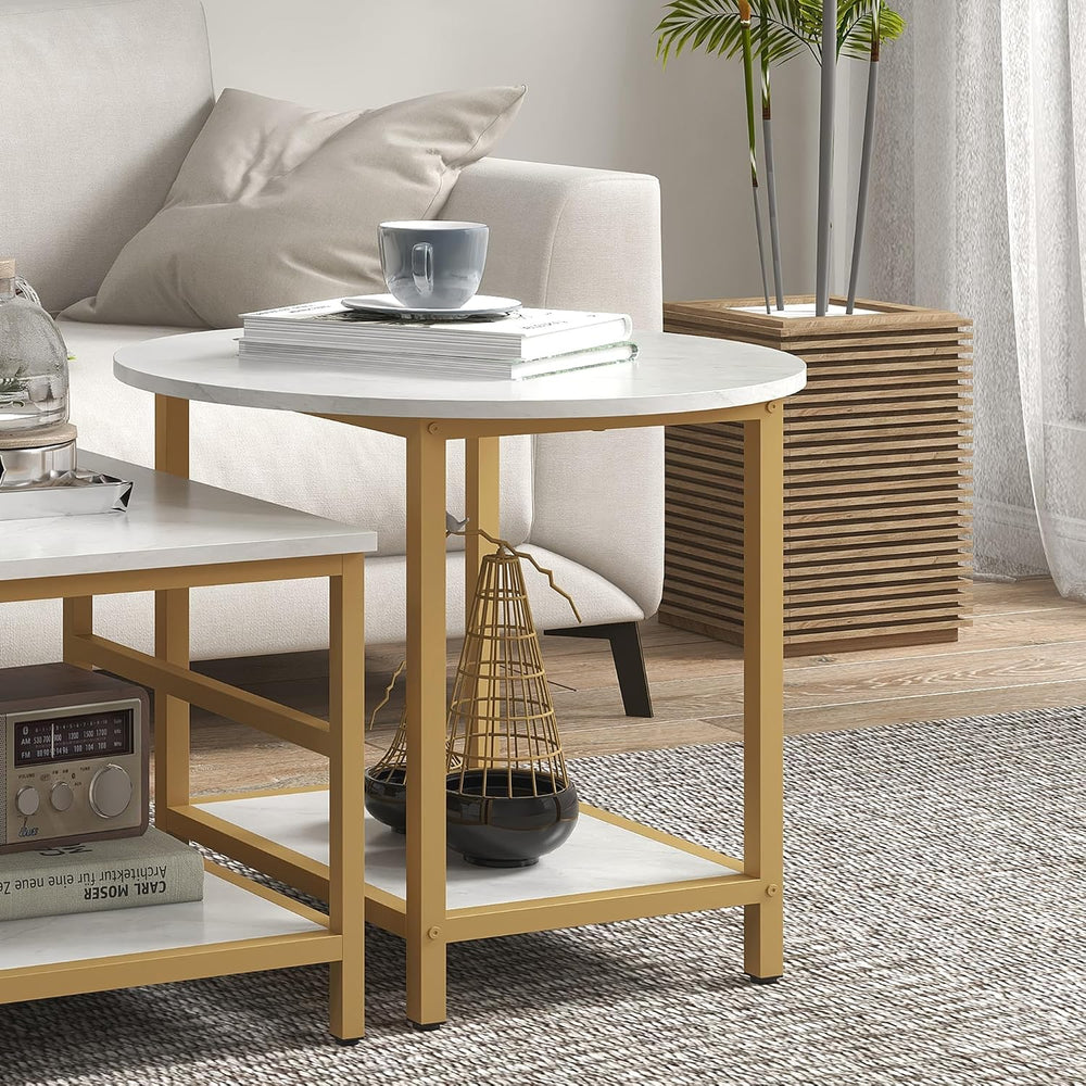 HOMCOM Coffee Tables Set of 2 2-Rier Sofa Side Table Faux Marble Top White