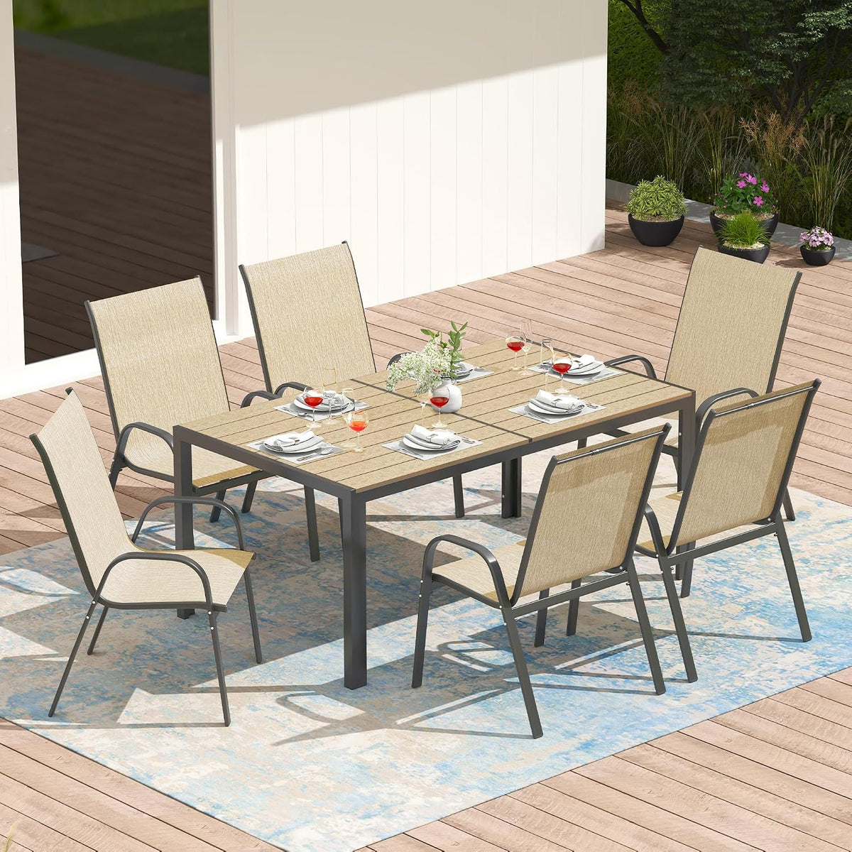 PIZZELLO 7-Piece Outdoor Dining Set w/ 60" Outdoor Table and 6 Chairs