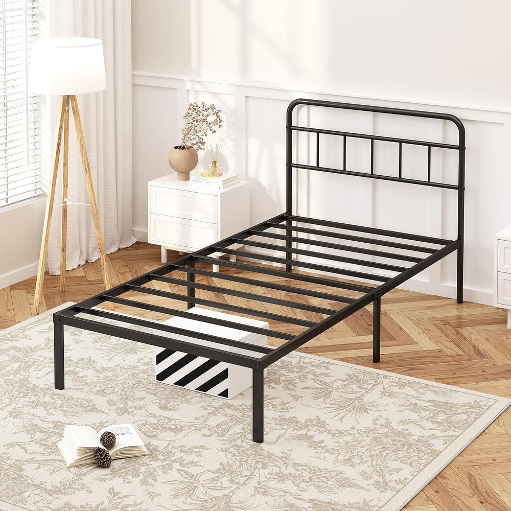 Kujielan 12 inches Twin Bed Frame with Minimalist headboard, Black