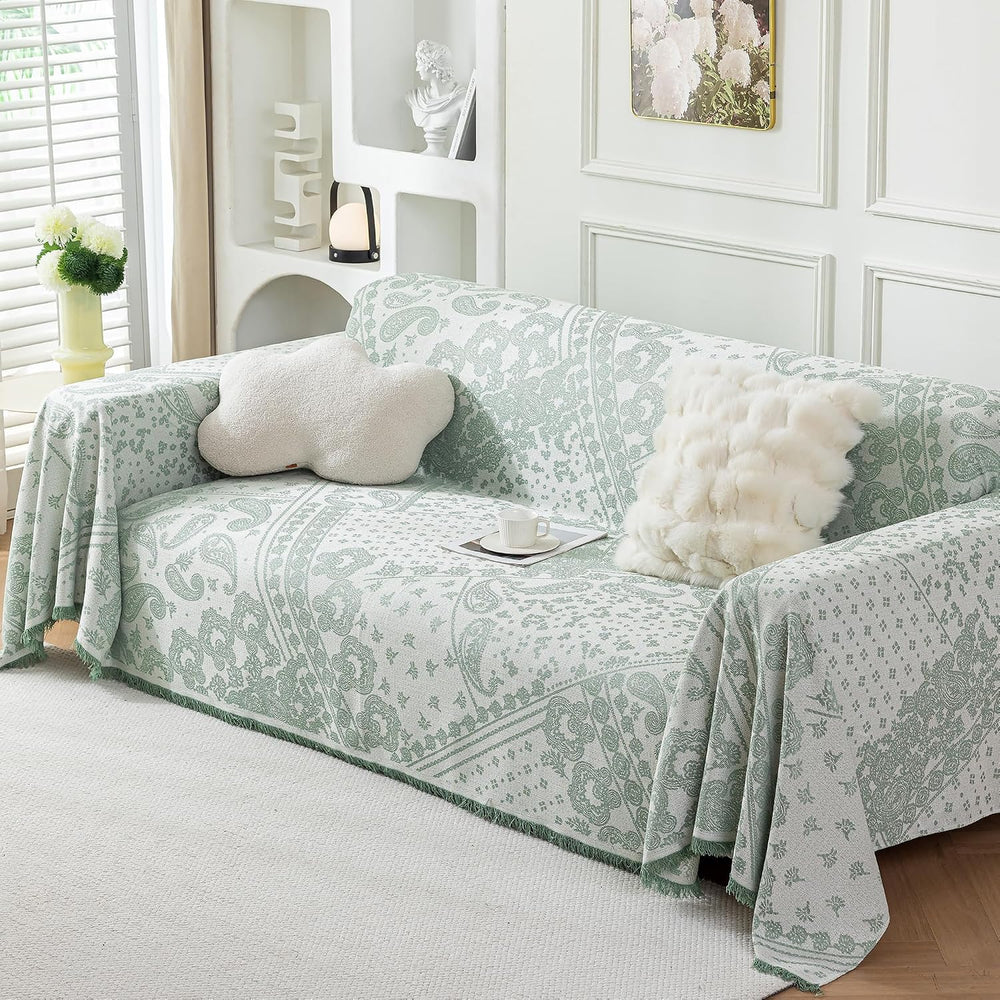 71x102 Inch Green Chenille Couch Cover, Reversible Chevron Blanket