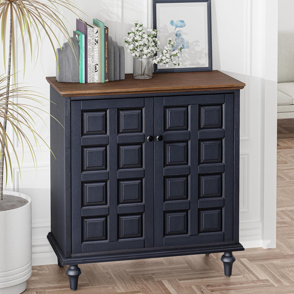 Aoikax Retro 2 Door Storage Cabinet, Dark Blue, Natural Wood