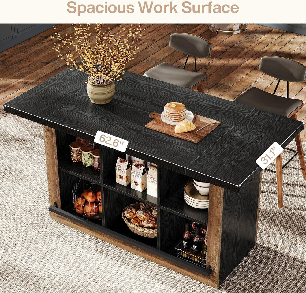 Tribesigns Kitchen Island with Storage, Farmhouse Island Bar, Black&Brown
