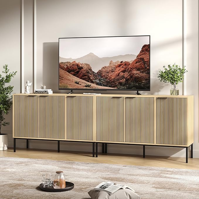 TV Stand for 100" TV, Mid Century Modern 94.4'' Television Stand, Entertainment Center with Storage and Adjustable Shelves, Media Console TV Cabinet for Living Room