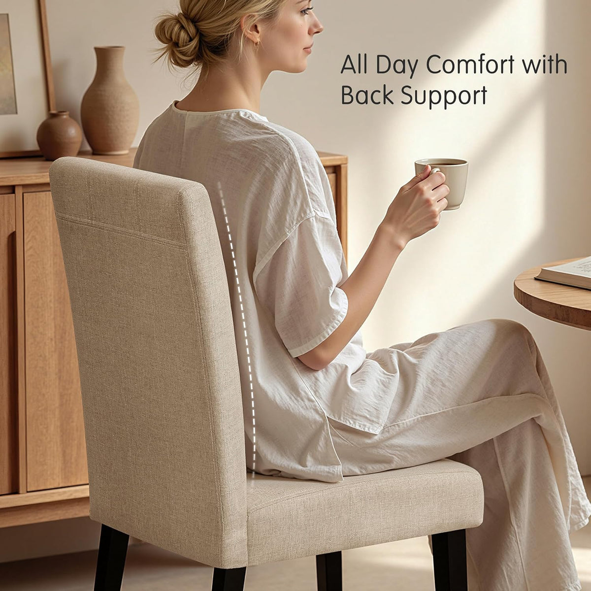 HOMYZOO Dining Chairs Set of 2, Upholstered Dining Room Chairs with Padded Seat & Solid Wood Legs, Modern Farmhouse Kitchen Chairs for Living Room/Restaurant/Cafe, Oatmeal