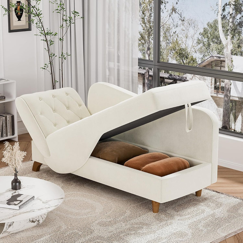 Chaise Lounge Chair Indoor with Storage,Adjustable Backrest,Beige White