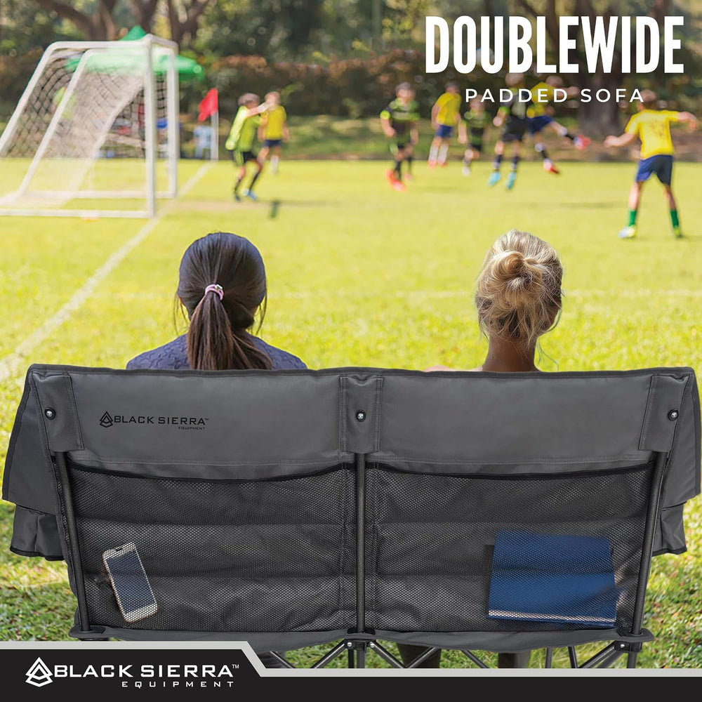 Black Sierra Double Camping Chair Loveseat, Oversized Padded, 600 lb