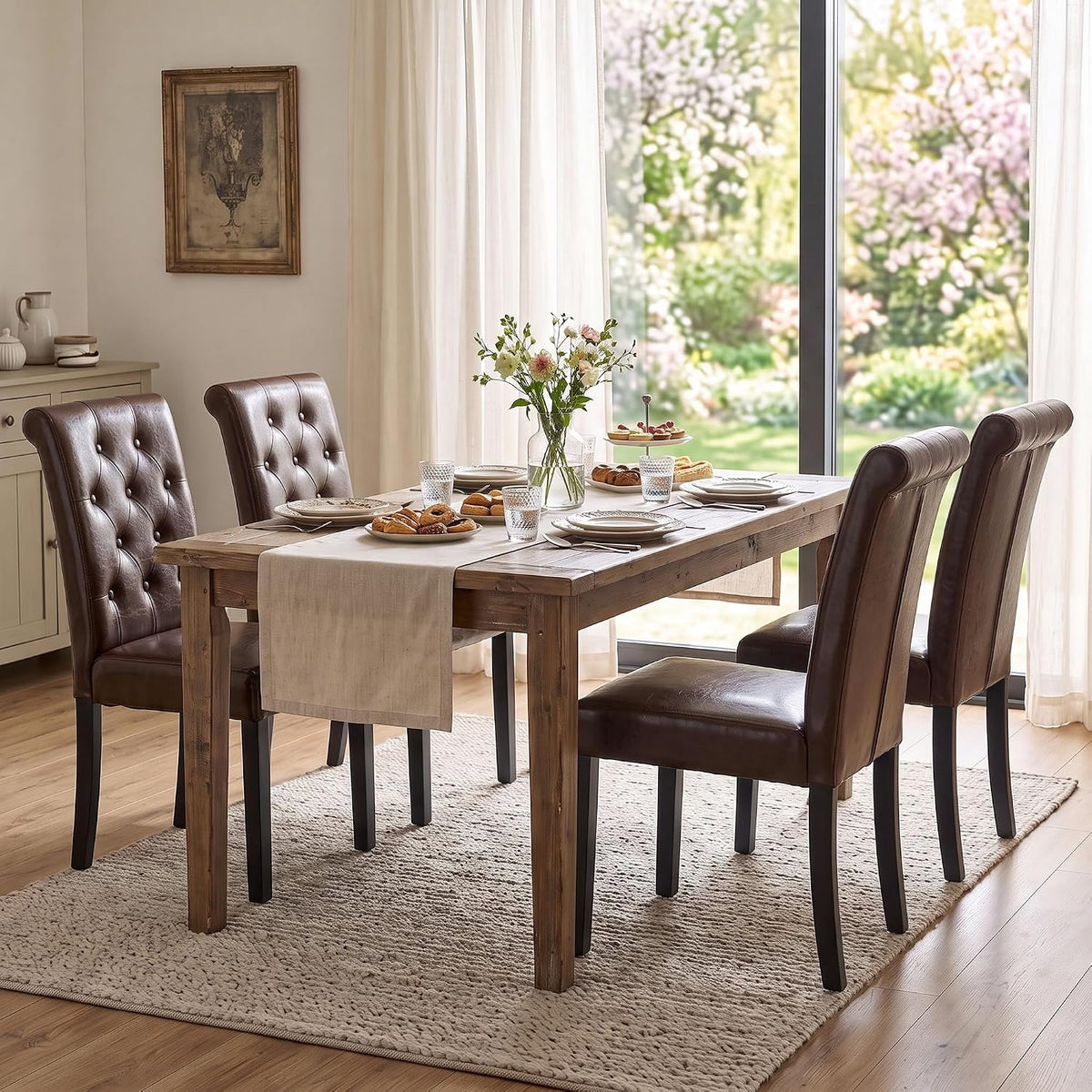 LSSPAID Dining Chairs Set of 2, Modern Armless Parsons Side Chairs, Upholstered Button-Tufted PU Leather Dining Kitchen Chairs with Solid Wood Legs, Brown