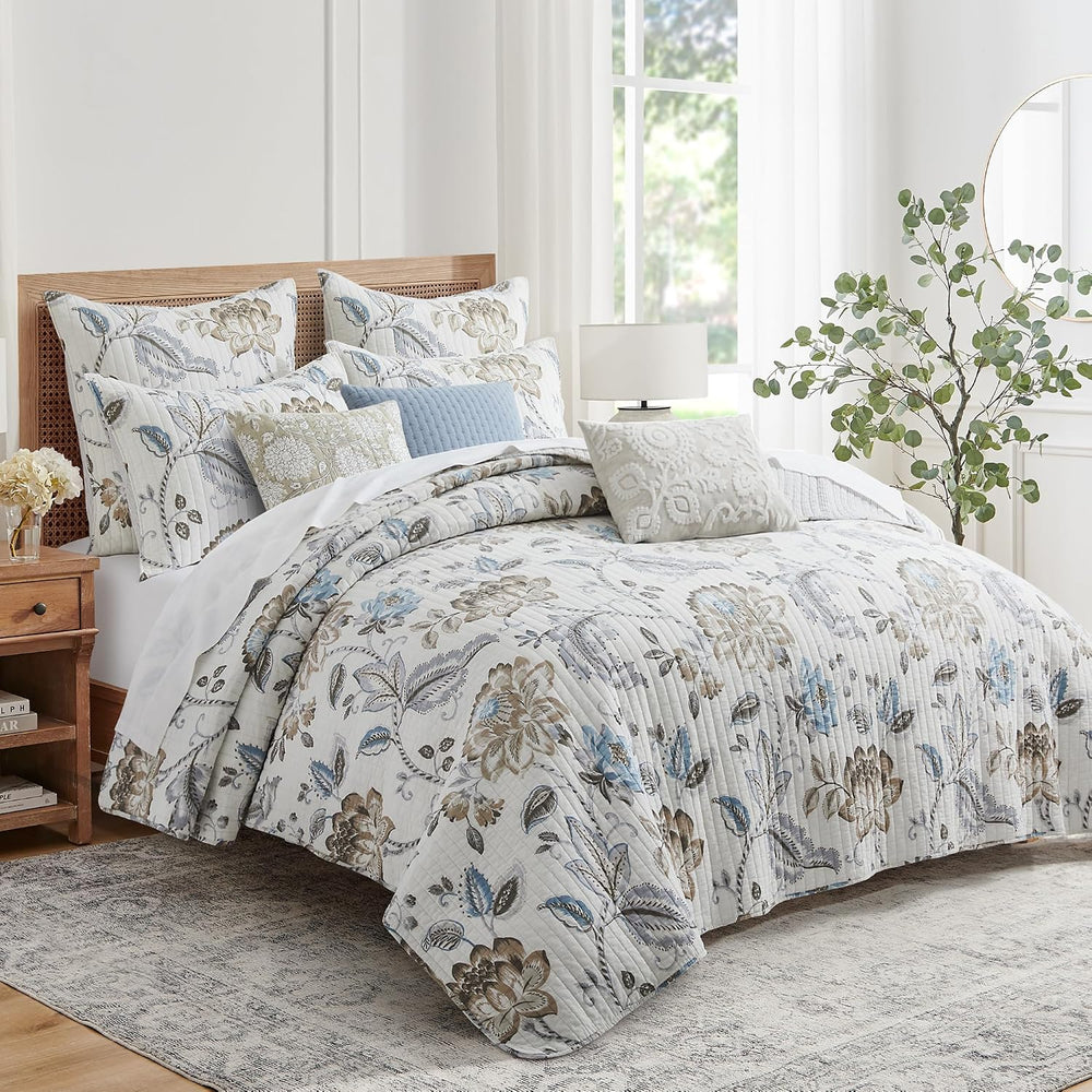 Levtex Home - Maileen Neutral Blue - Euro Sham Set of 2 - Floral - Taupe Blue...