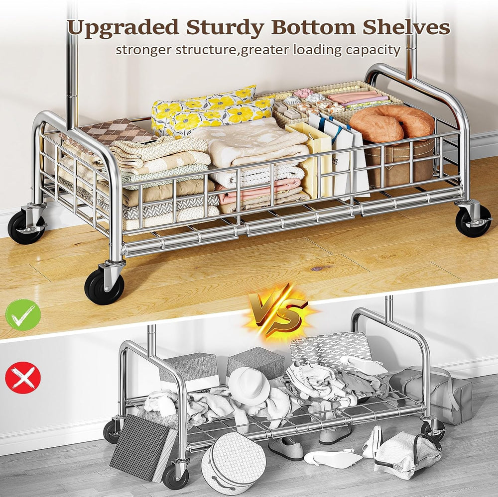 Raybee heavy duty clothes rack with wheels, 485LBS, Bottom Storage Basket