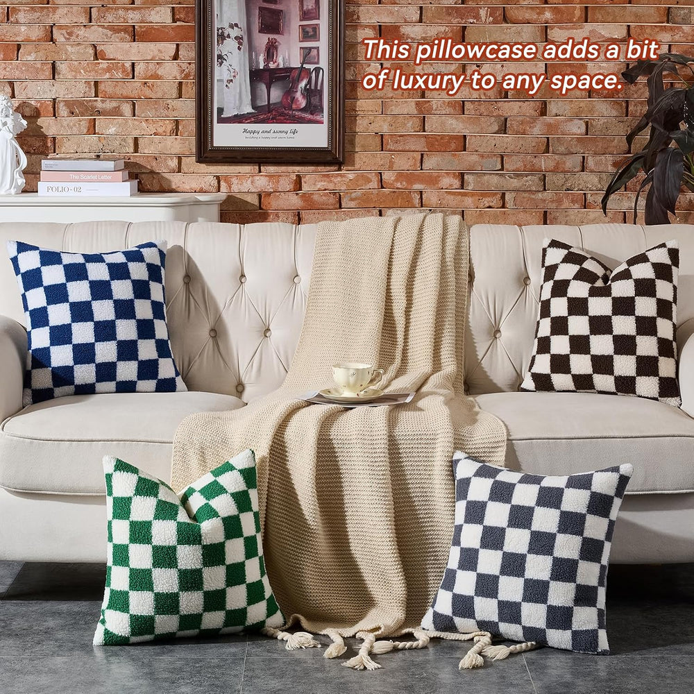 AmHoo 2 Pack Checkerboard Throw Pillow Covers 24x24 Inch Navy Blue