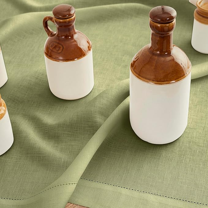 Solino Home Linen Moss Green Hemstitch Table Runner 60 Inches - 100% Pure Lin...