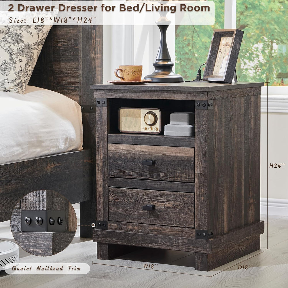 18" Farmhouse Nightstand Set of 2 with Charging Station, Dark Rustic Oak