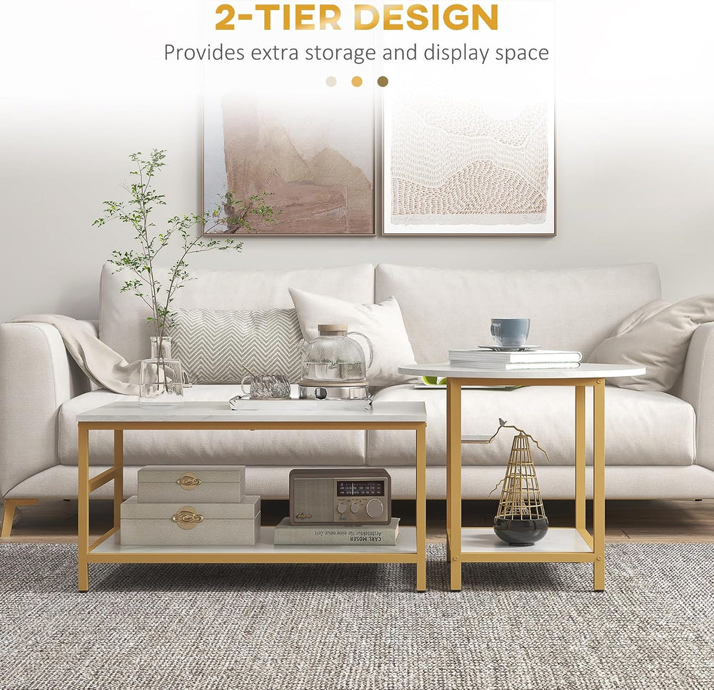 HOMCOM Coffee Tables Set of 2 2-Rier Sofa Side Table Faux Marble Top White