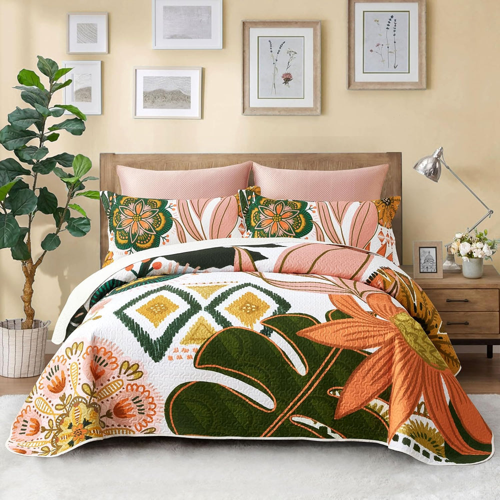 Tyrot 3 Piece Boho Floral King Quilt Bedding Sets