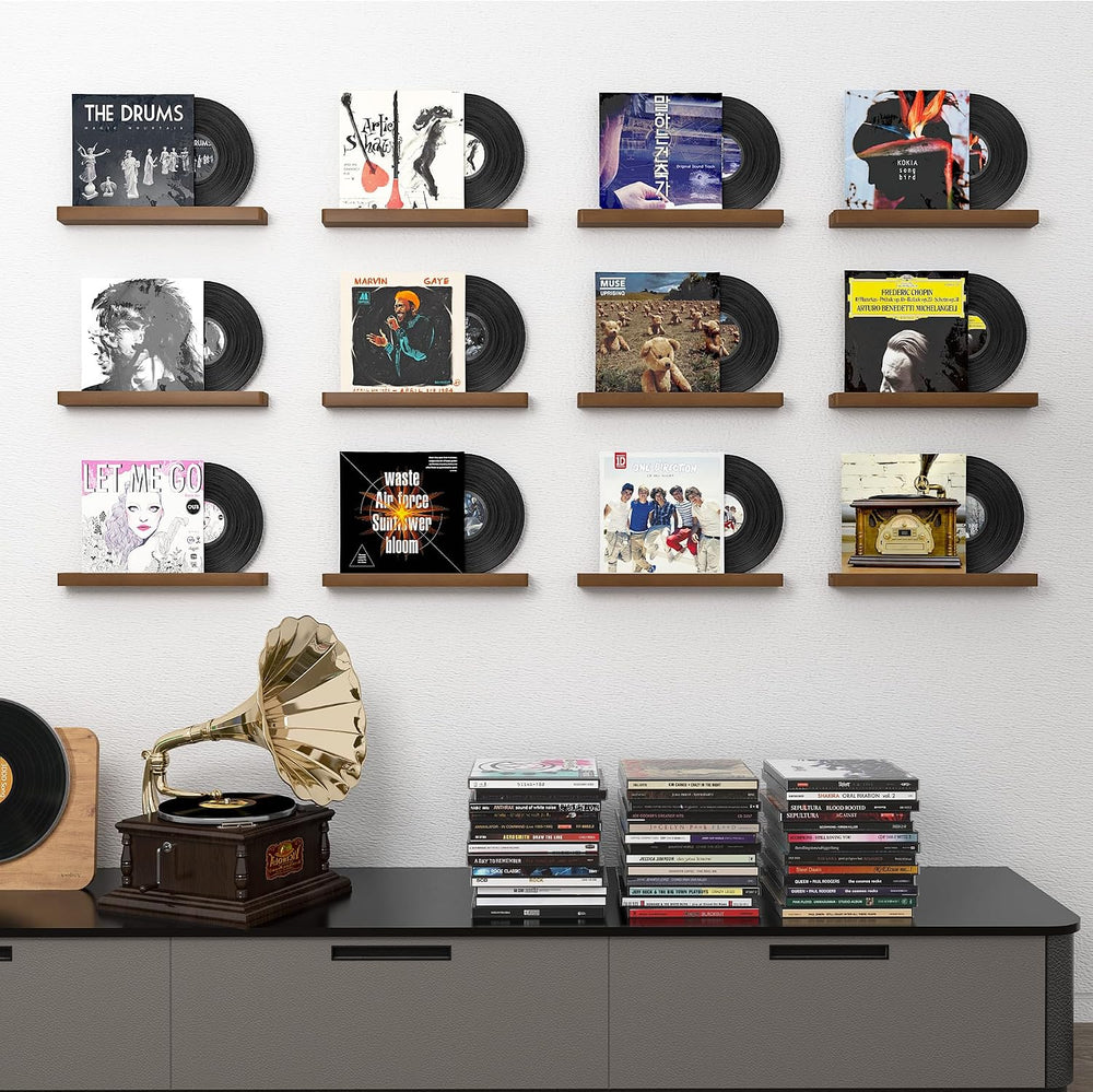 Heimlove Vinyl Wall Mount Solid Wood Record Shelf Display, Walnut, 6 Pack
