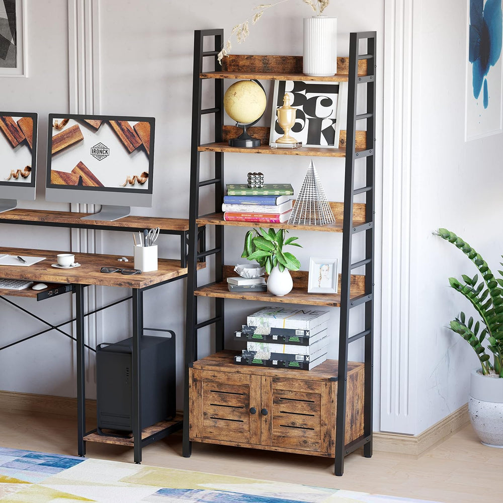 IRONCK 4 Tier Ladder Bookcase with Louvered Doors Rustic Brown