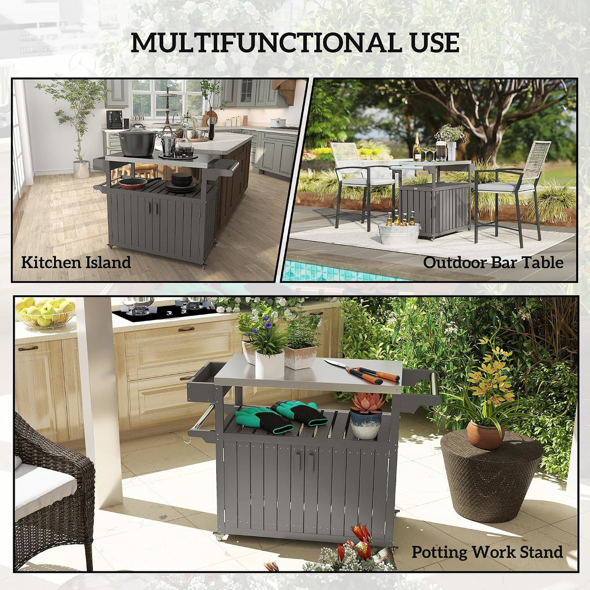 Outsunny Outdoor Bar Cart with Storage Cabinet Kitchen Island Dark Gray