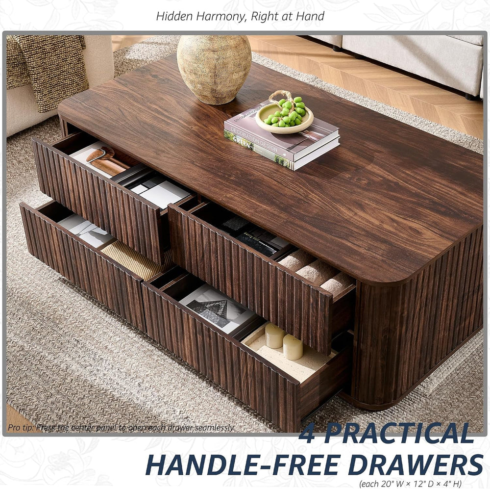 51" Fluted Coffee Table with 4 Drawers, Dark Walnut