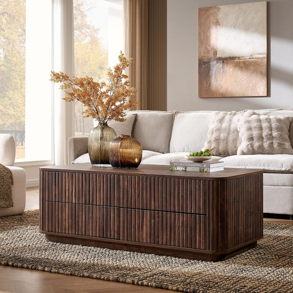 51" Fluted Coffee Table with 4 Drawers, Dark Walnut