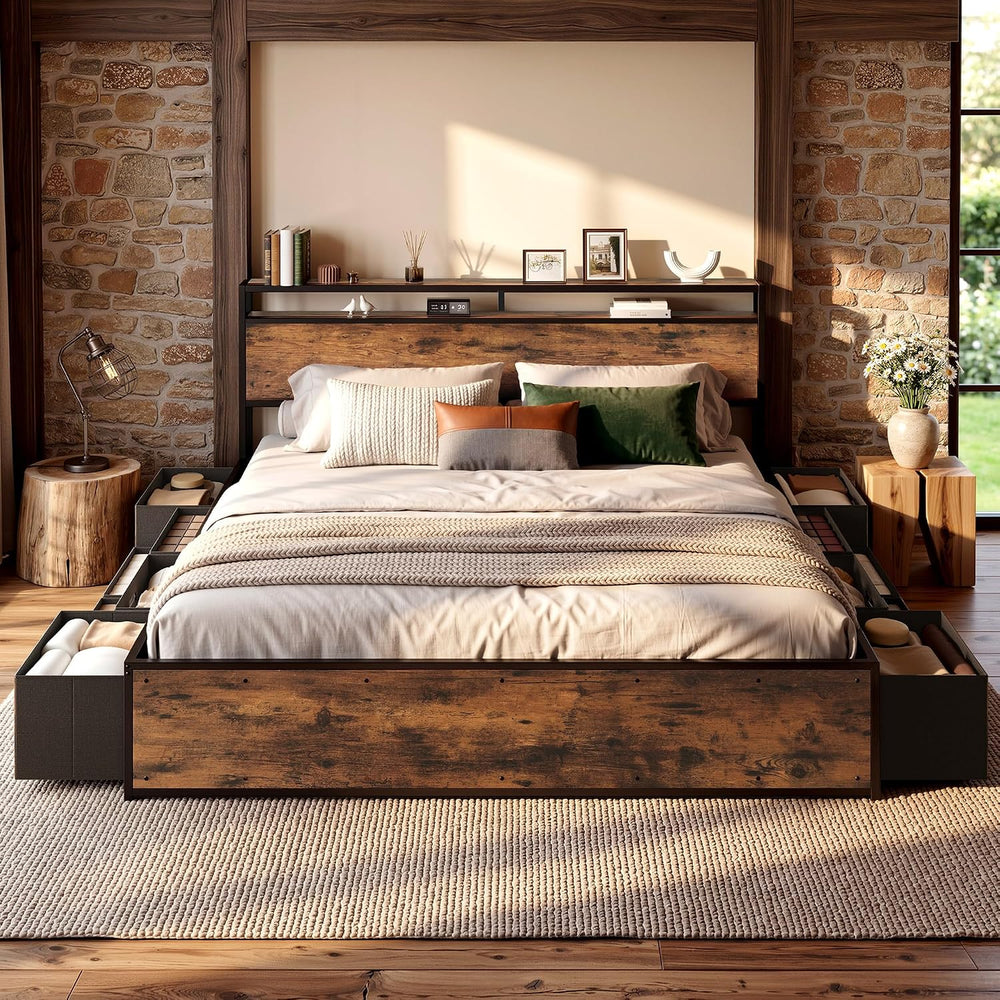 LIKIMIO King Size Bed Frame with 12 Storage Drawers and Headboard