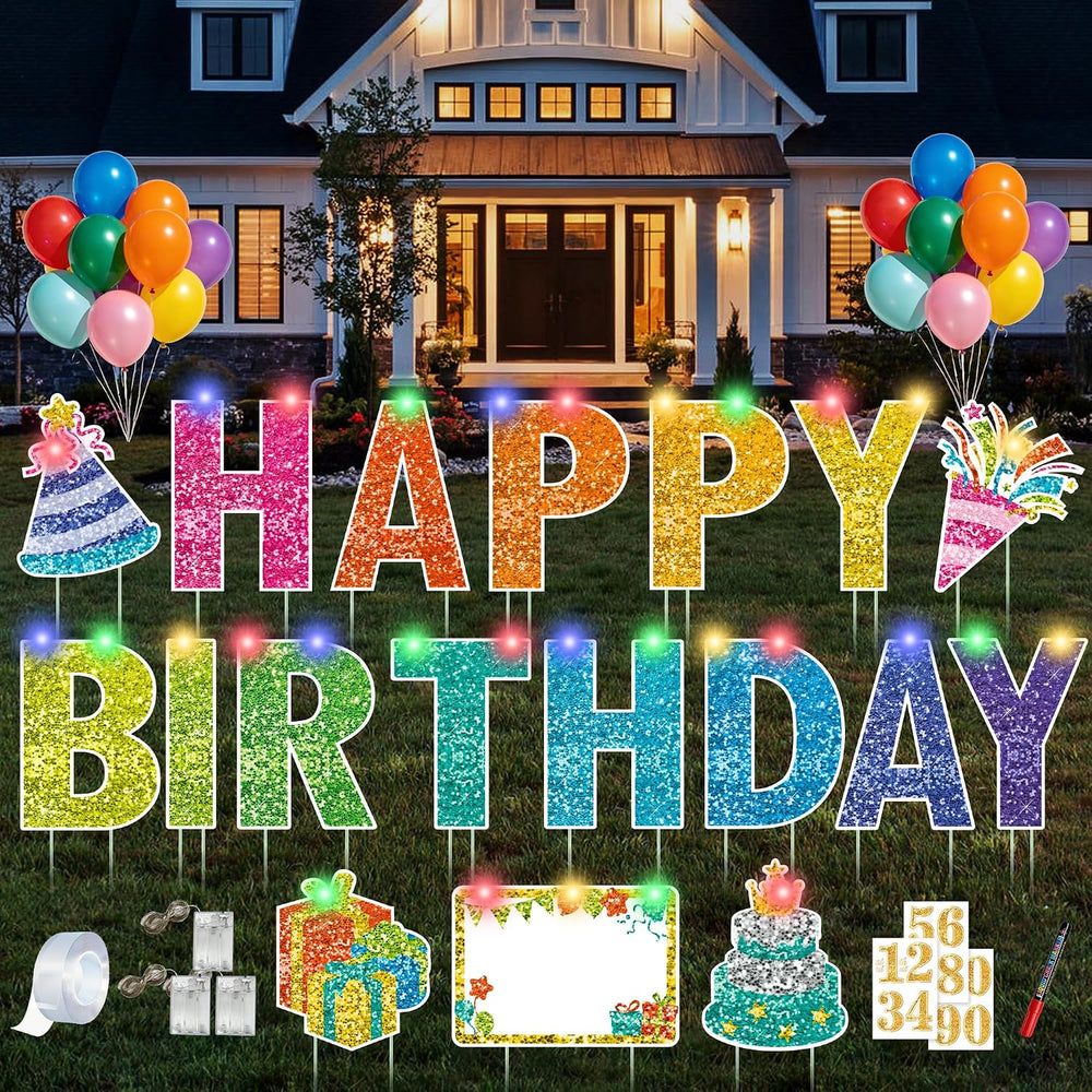 18 Pcs Happy Birthday Yard Sign with 49.2 ft Led Light, Large Rainbow Happy B...