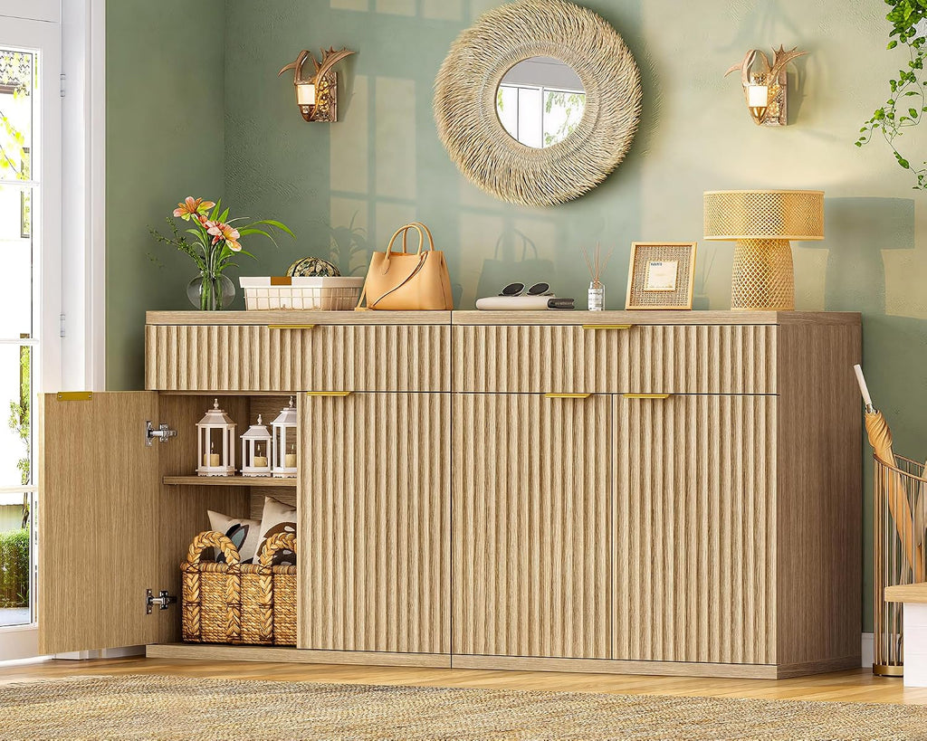 TEENFON 31.5" W Fluted Buffet Cabinet with Storage, Sideboard Cabinet, Coffee Bar Cabinet with 2 Doors and Adjustable Shelf for Living Room, Kitchen, Entryway, Natural