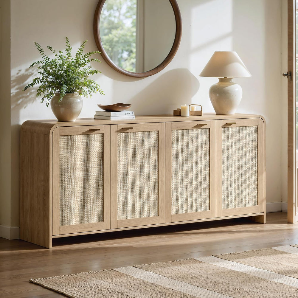 Evermagin 67" Rattan Sideboard Buffet Cabinet with Storage, Natural Oak