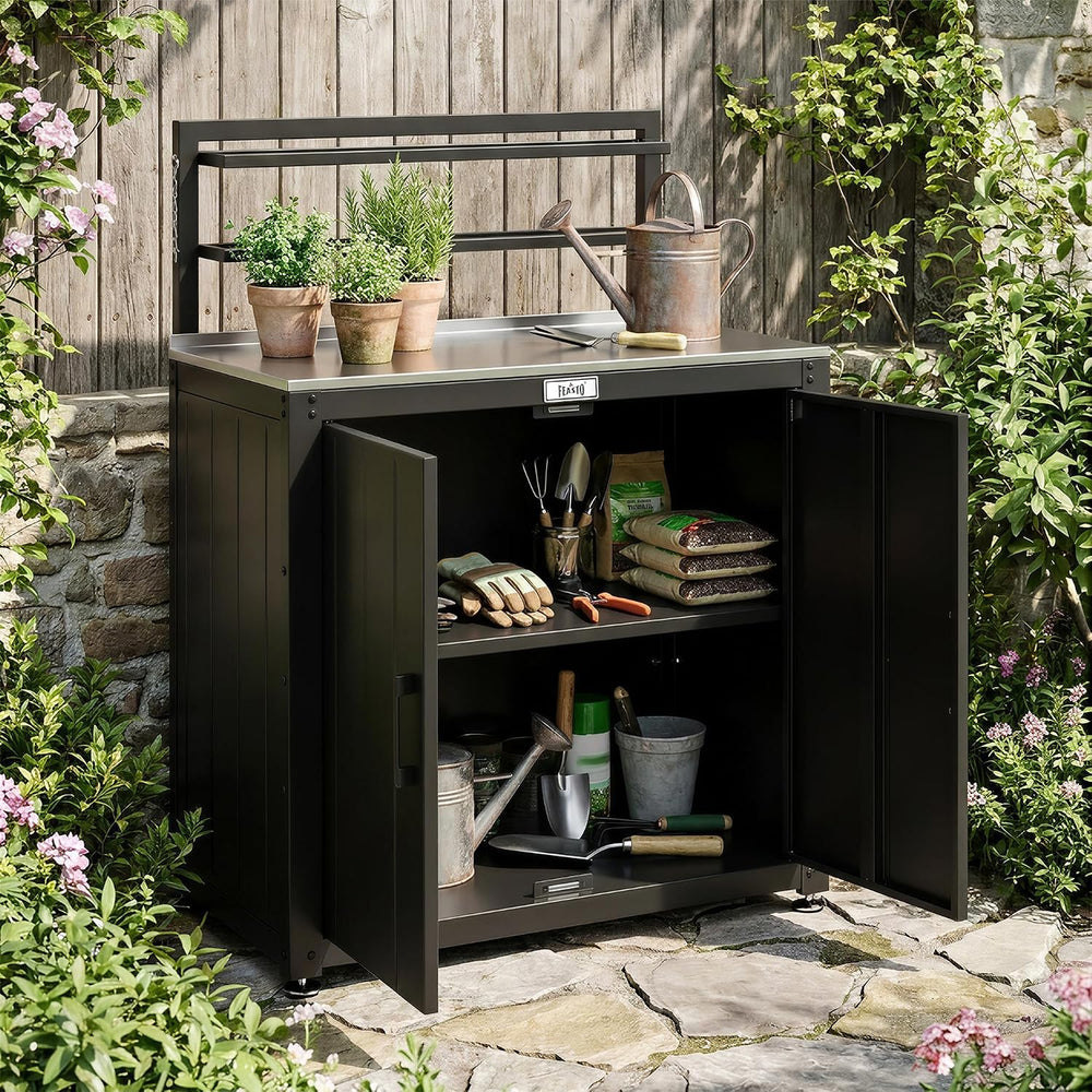 Feasto Outdoor Potting Bench Table with Storage Cabinet, Black