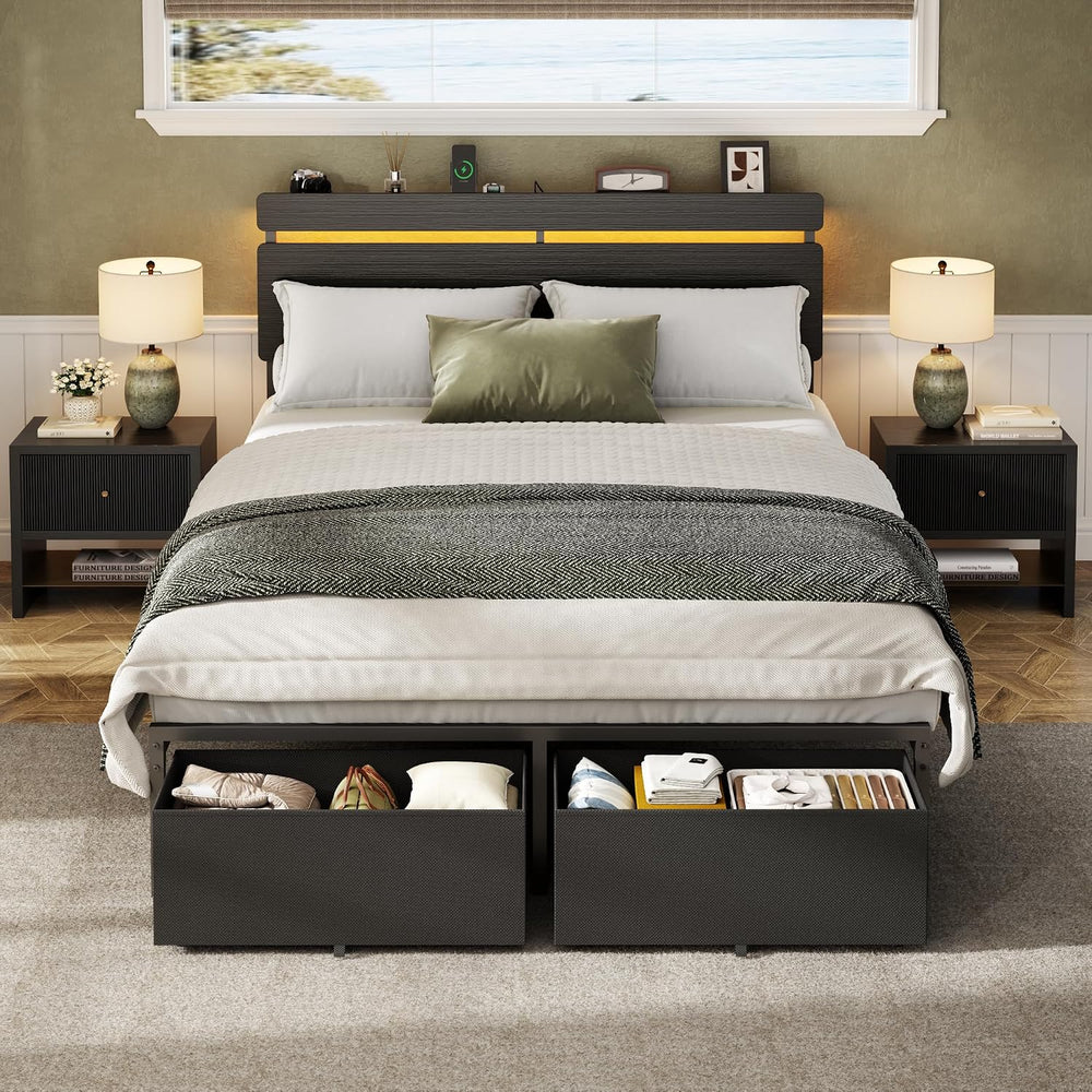 Forestell Full Size Bed Frame with Wood Headboard,2 Storage Drawers & Shelf