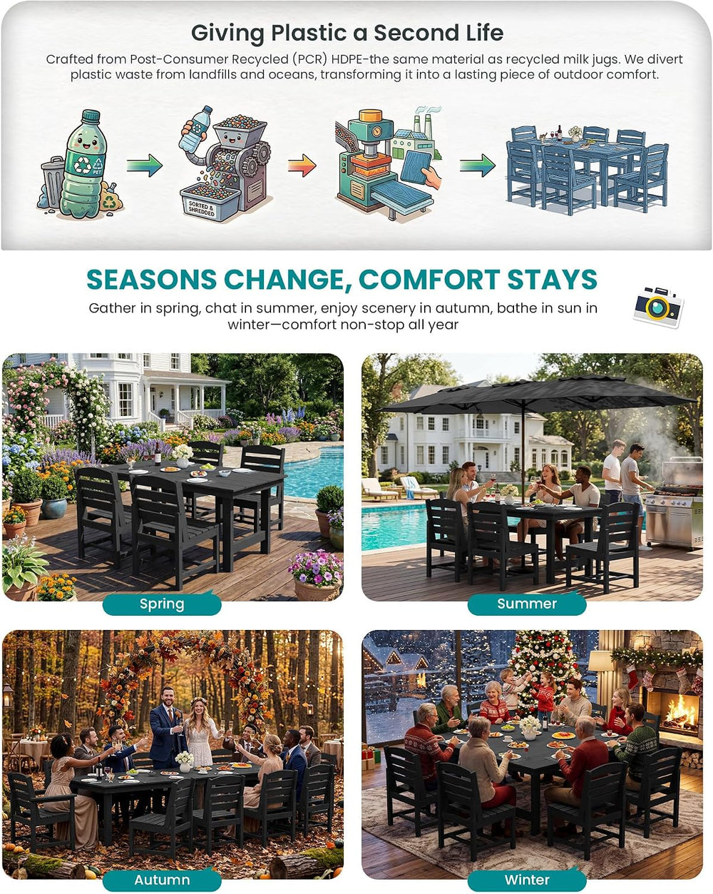 SERWALL Armless Outdoor Dining Set, Patio Dining Set for 6, Black