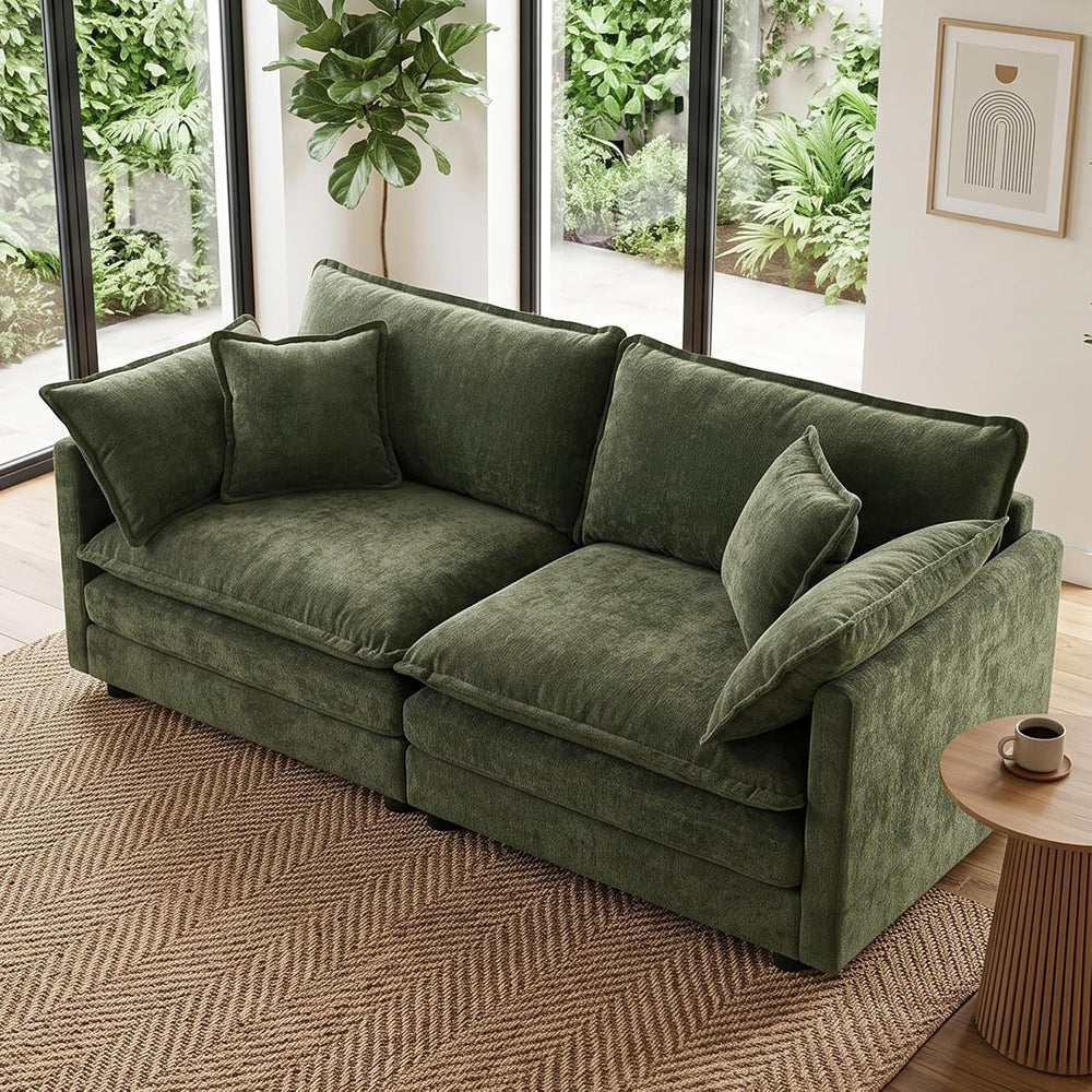 76" Chenille Sectional Sofa, Cloud Couch with Pillow,Deep Seat,Green